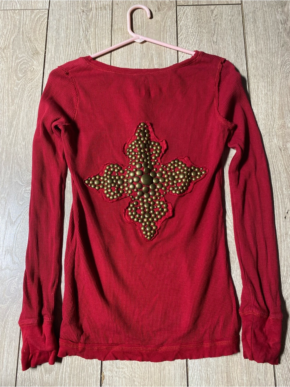 Twisted Heart Y2K Long sleeve thermal small red rhinestone cross Distressed Y2K